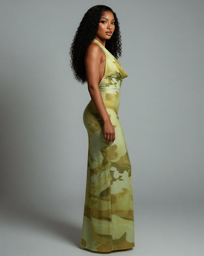 NUVIA Abstract Print Halter Maxi Dress