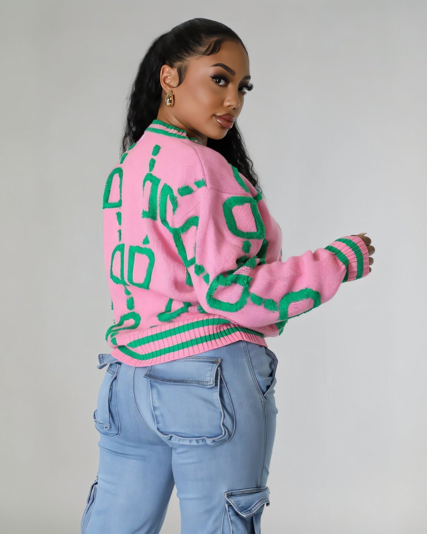 ALYA Geometric Jacquard Button-Up Knit Cardigan