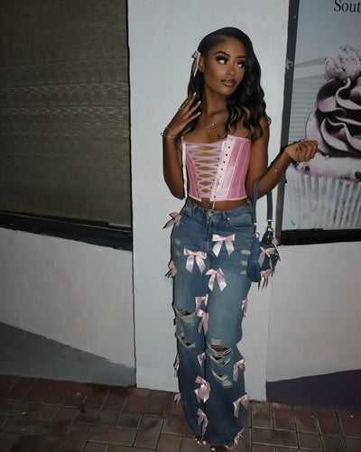 FIONA Ribbon Washed Ripped Denim Jeans