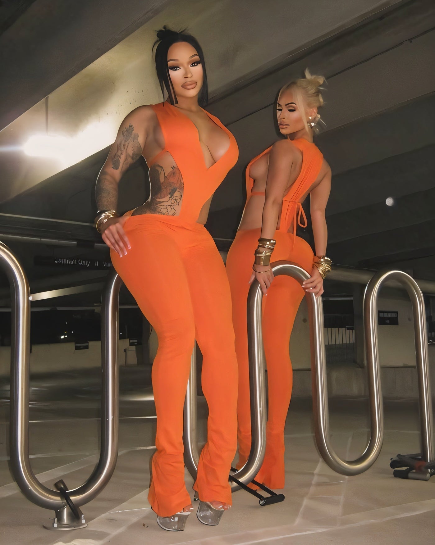 NERI Plunge V Cutout Bodysuit & Flare Pants Set