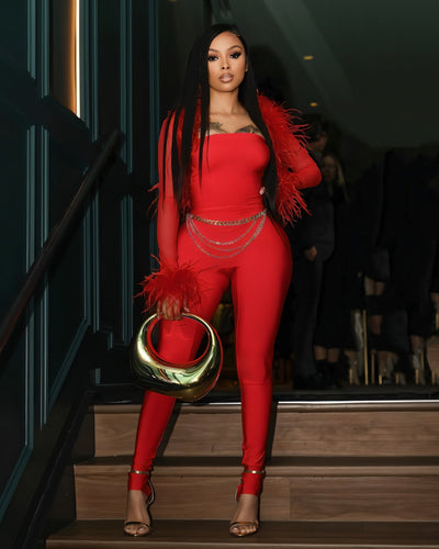 INESSA Feather Trim Long Sleeve Square Neck Jumpsuit