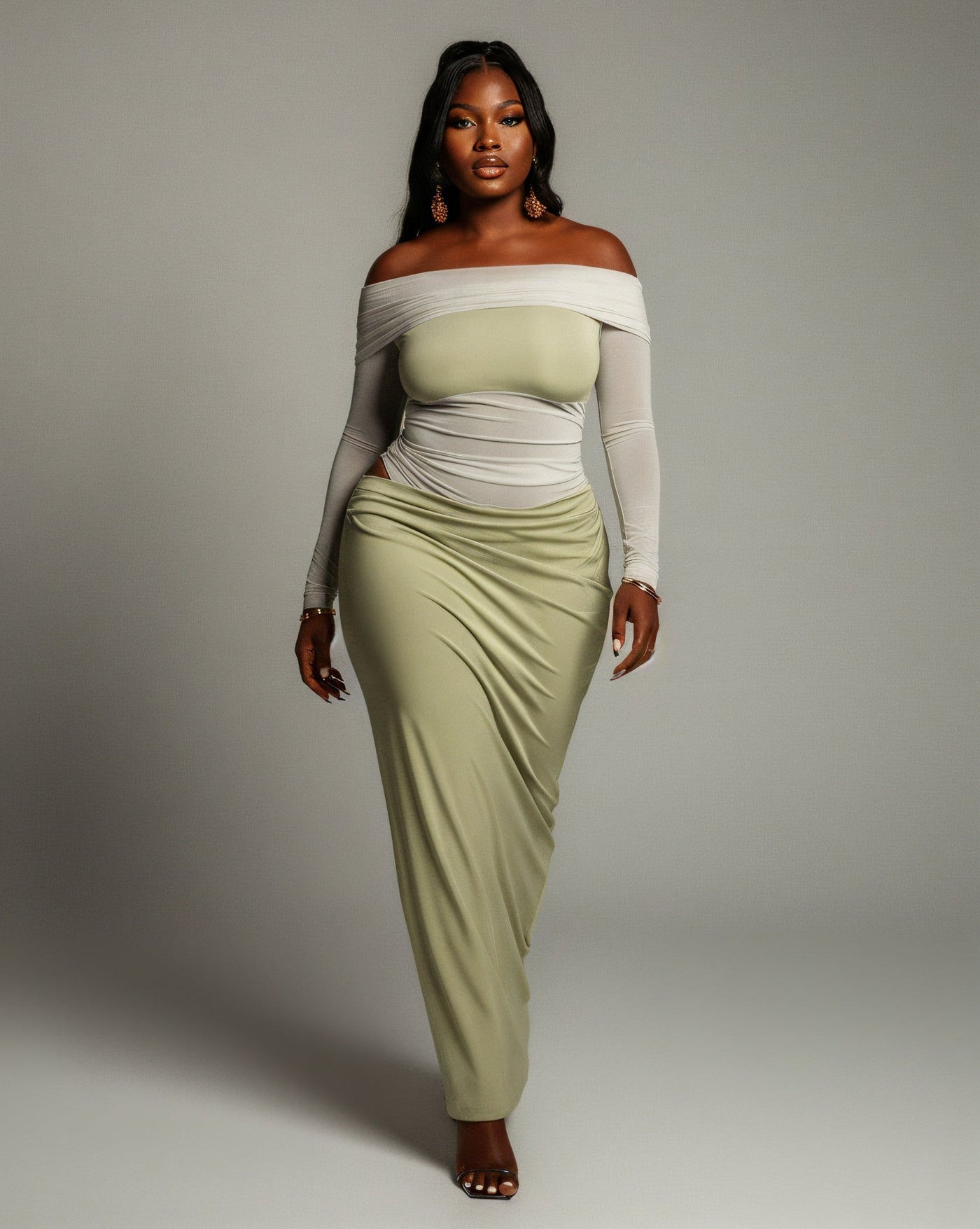SHAINA Mesh Contrast Draped Maxi Dress