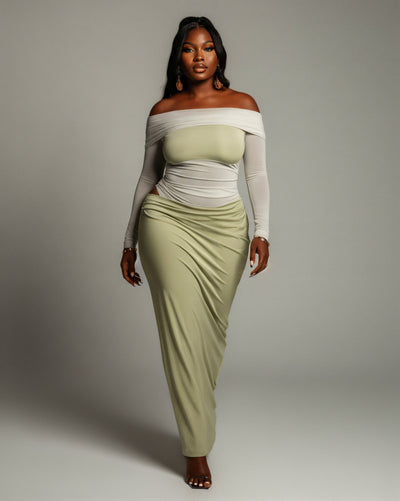 SHAINA Mesh Contrast Draped Maxi Dress