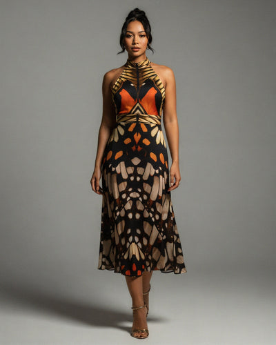CALLISTA Sleeveless Butterfly Halter Neck Midi Dress