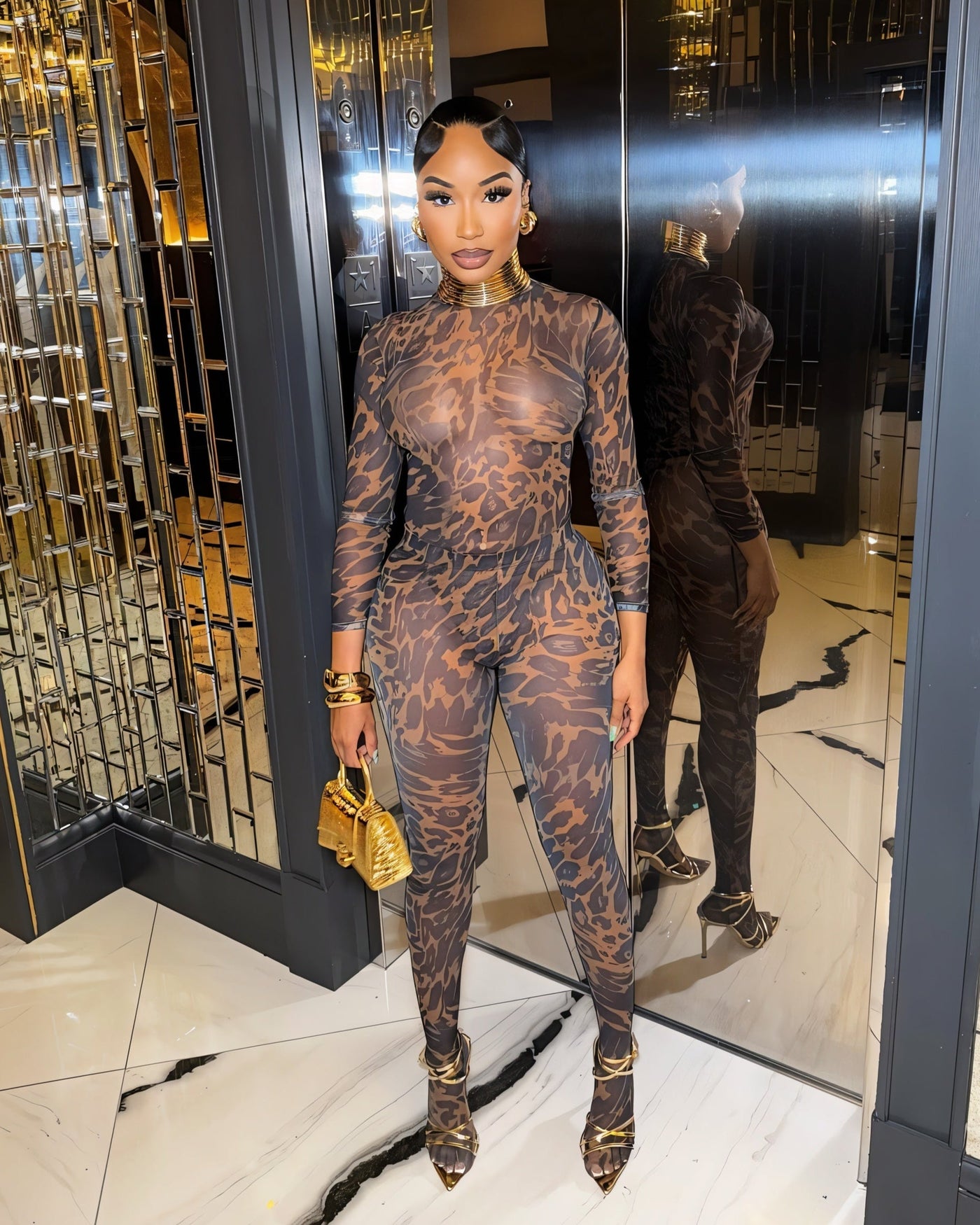 STACIA Leopard Print Long Sleeve Bodysuit & Tights Set