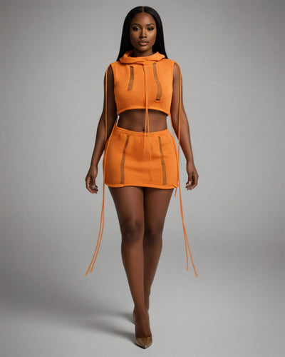 YESSA Knit Hooded Crop Top & Lace-Up Mini Skirt Set