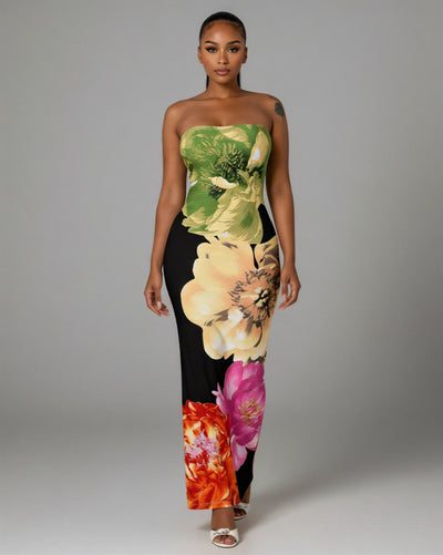 LYCA Floral Print Strapless Maxi Dress
