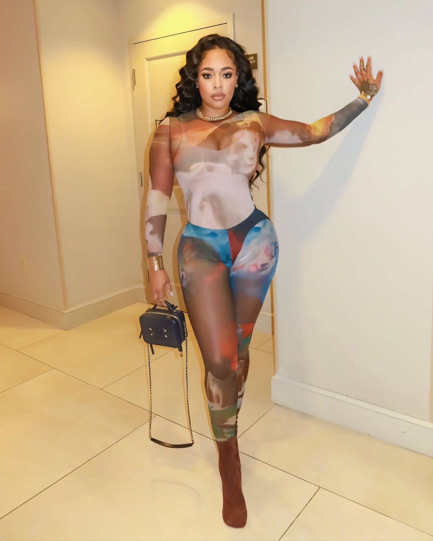 SHELBY Abstract Print Mesh Top & Tights Set