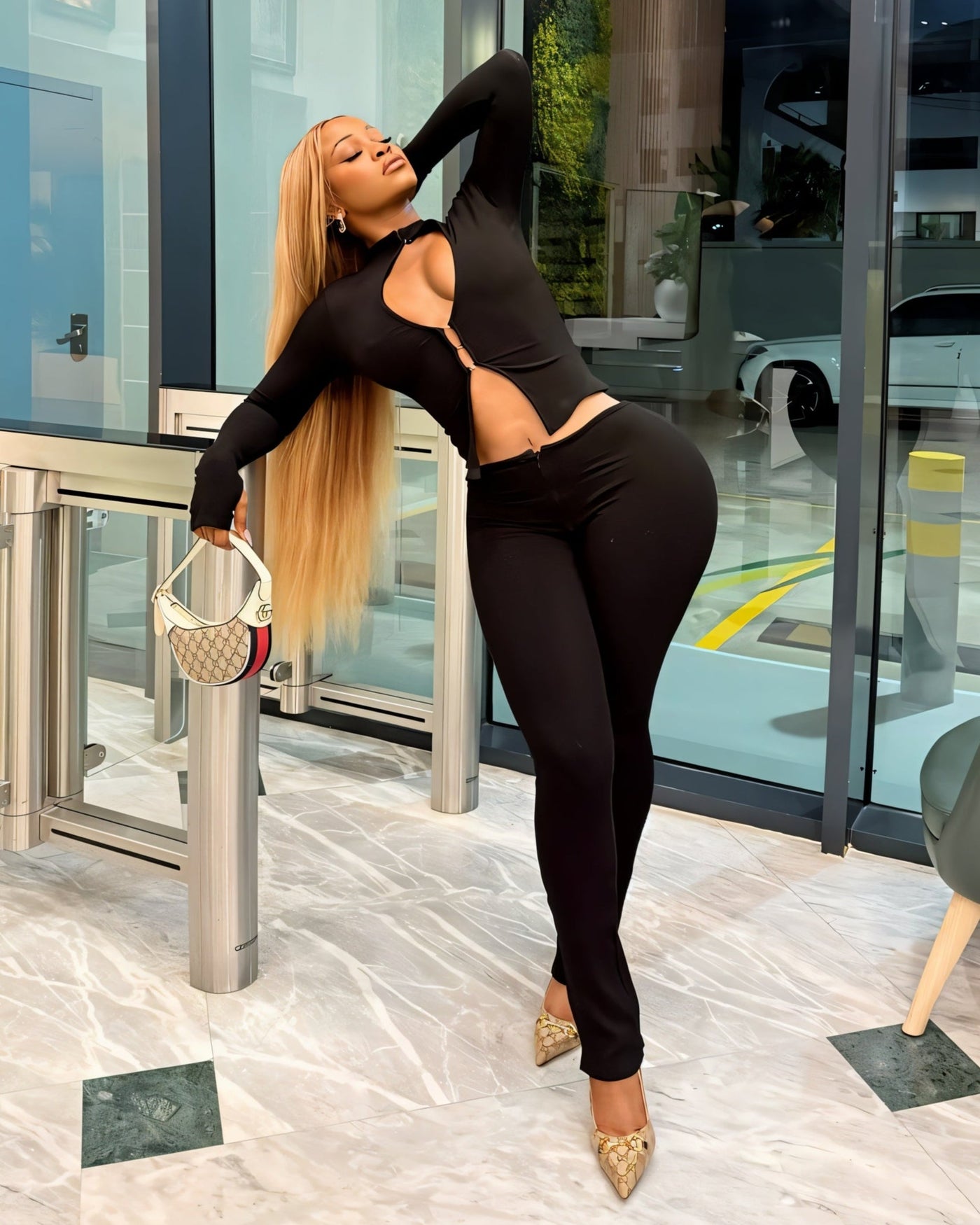 VIANNE Keyhole Cutout Top & Zip-Front Pant Set