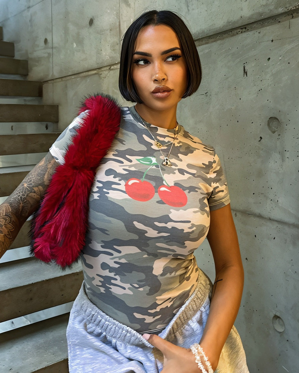 CLAIRE Cherry Detail Camo Print Shirt