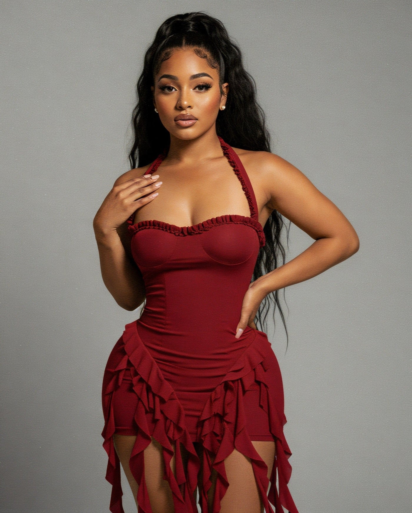 SANAI Ruffle Trim Mini Dress