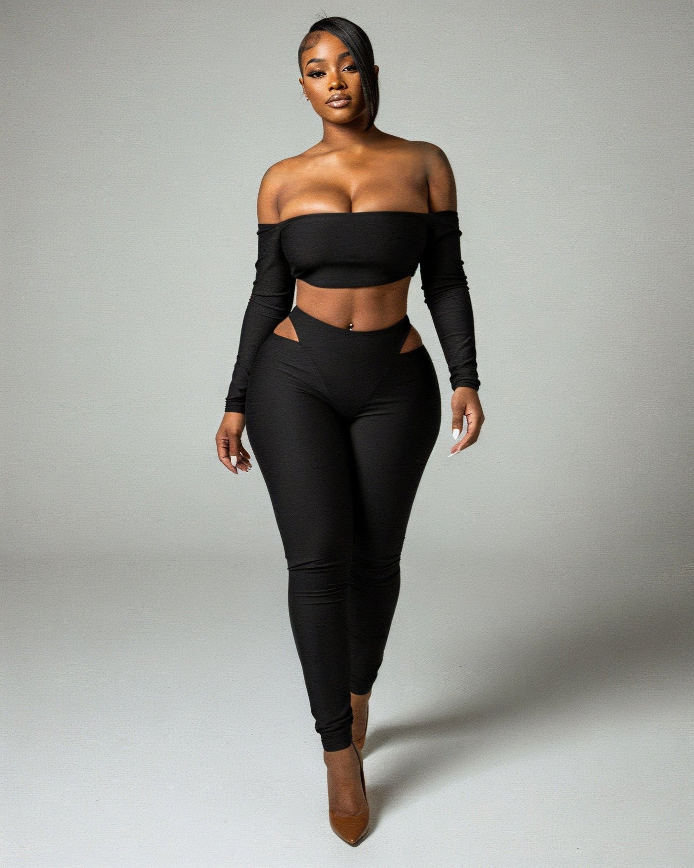 ELOWEN Off-shoulder Long Sleeve Top & Cutout Pants Set