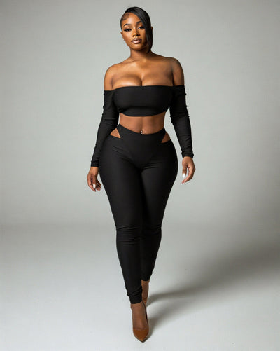 ELOWEN Off-shoulder Long Sleeve Top & Cutout Pants Set