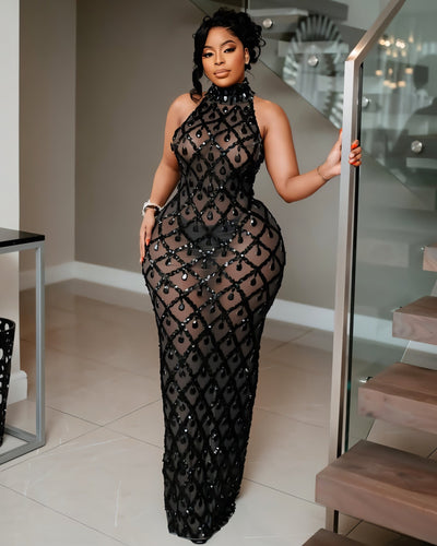 HOPE High Neck Tear Drop Rhinestone Maxi Dress