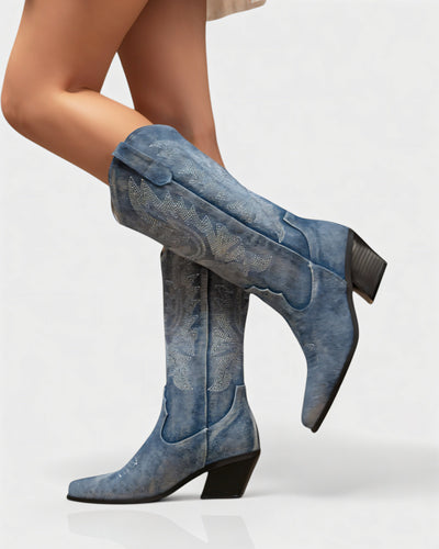 ALIANA Embroidered Denim Cowboy Boots