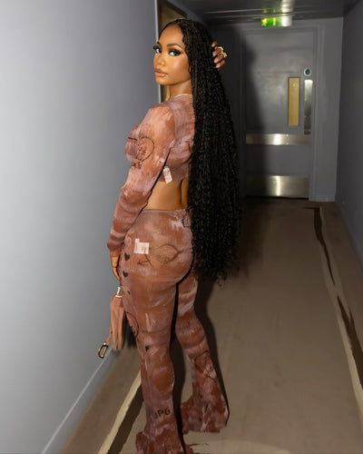 EVARINE Graffiti Print Mesh Long Sleeve Top & Flare Pants Set