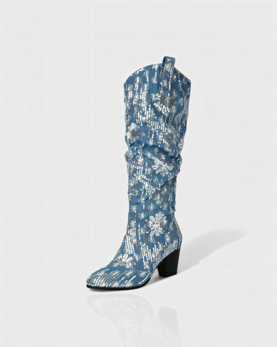 DIANNE Sequin Floral Denim Cowboy Boots