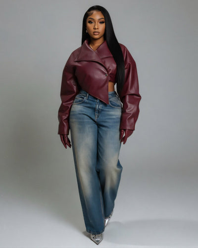 NIVIA Deep V Lapel Cropped Faux Leather Jacket