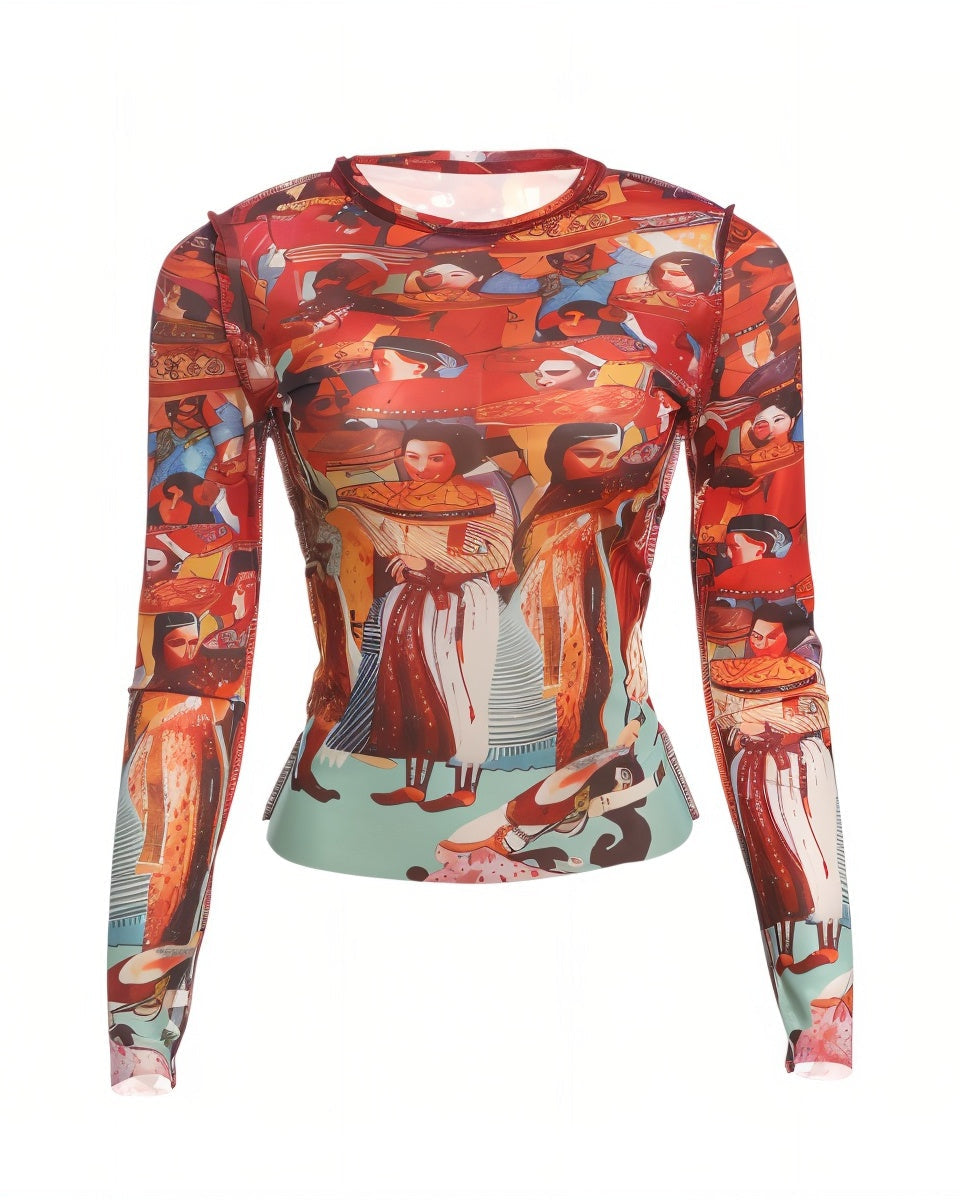 PAULINE Sheer Mesh Graphic Top