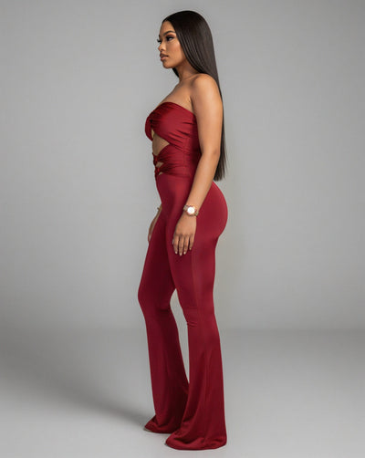 ZANIYA Strapless Twist-Front Flare Jumpsuit