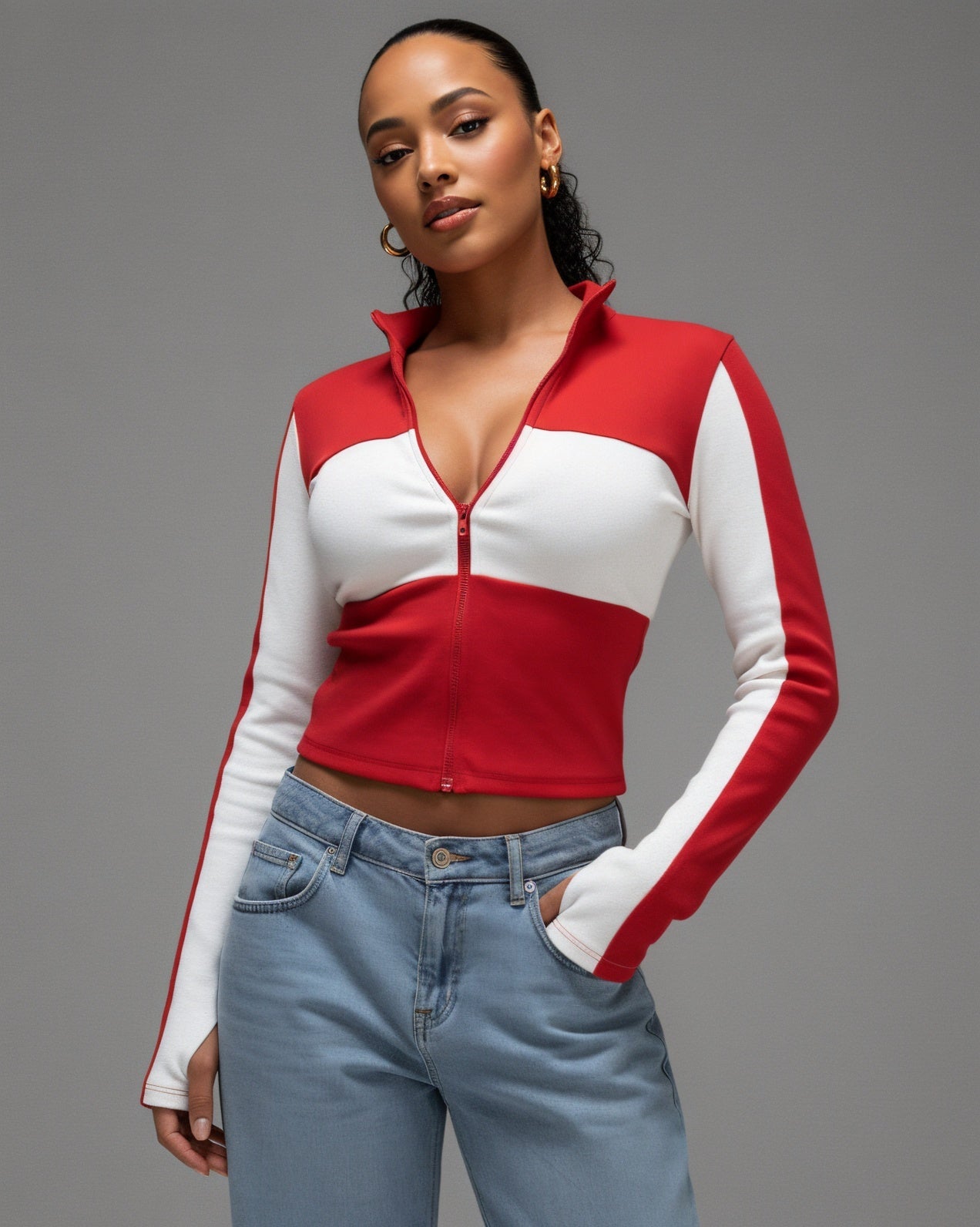 RIVA Colorblock Zip-Up Fitted Top