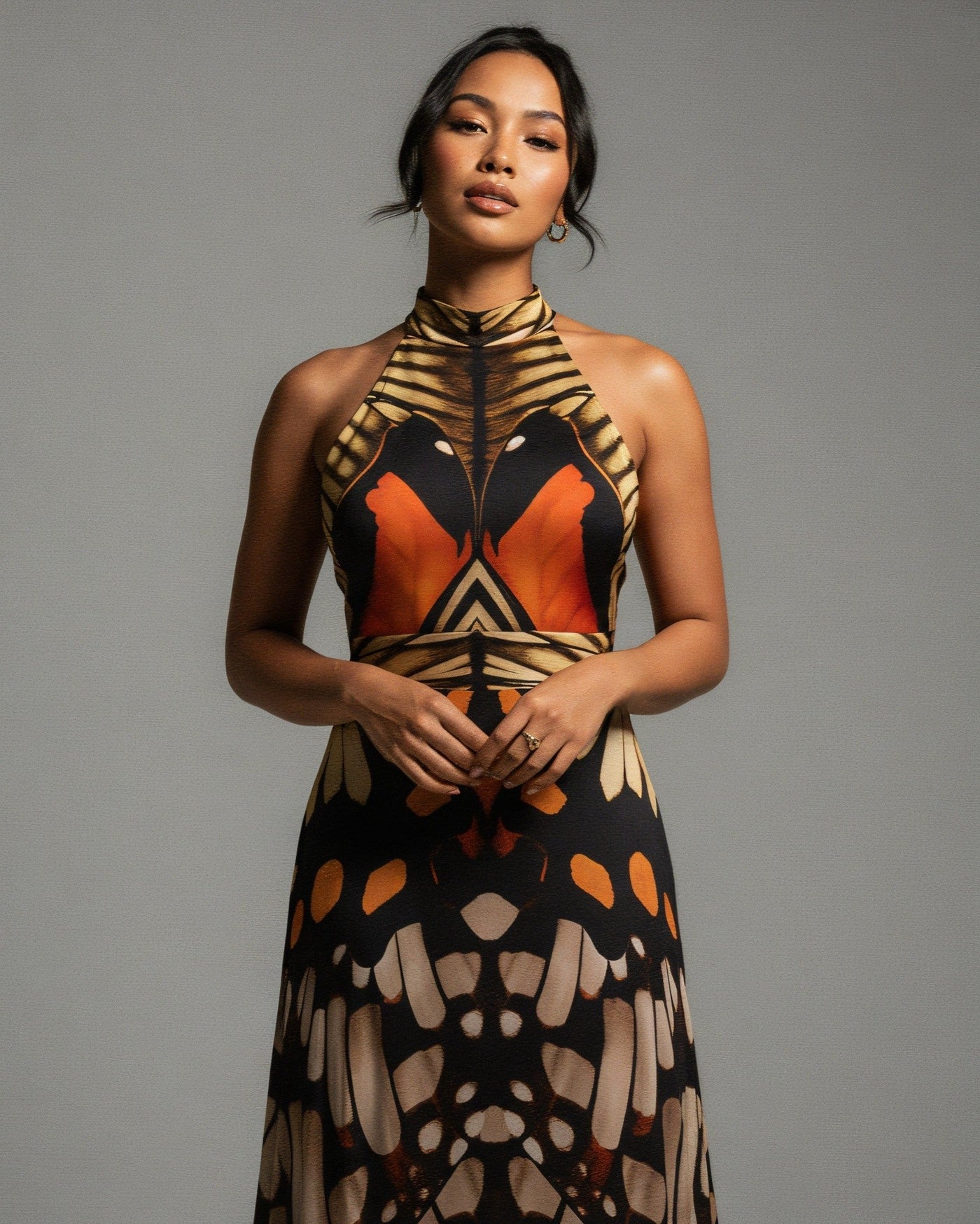 CALLISTA Sleeveless Butterfly Halter Neck Midi Dress