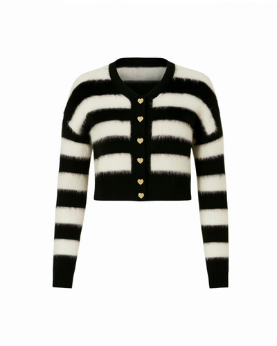 NARIA Striped Fuzzy Button-Up Cropped Cardigan