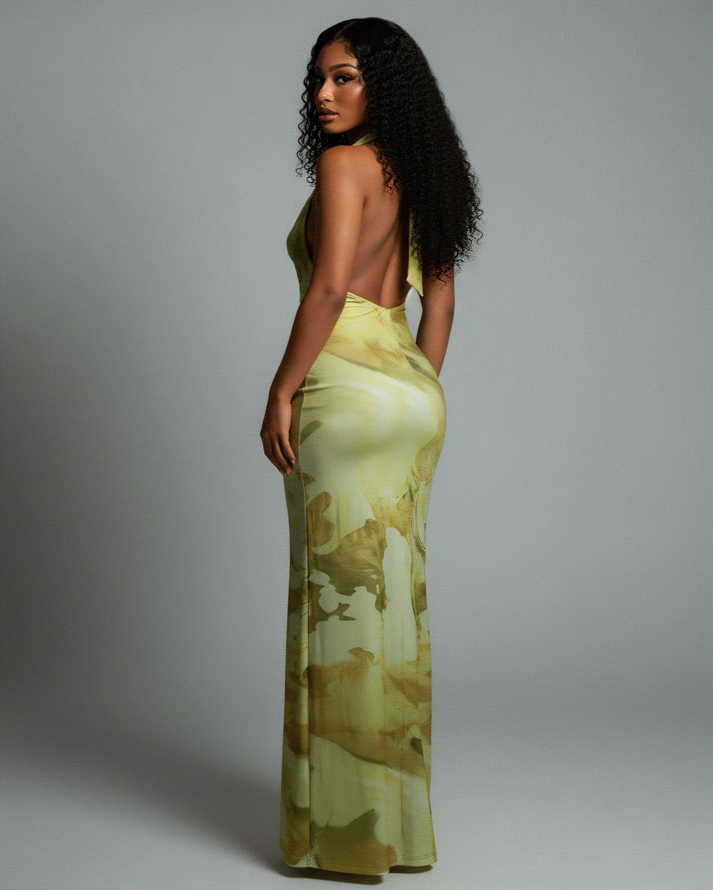 NUVIA Abstract Print Halter Maxi Dress