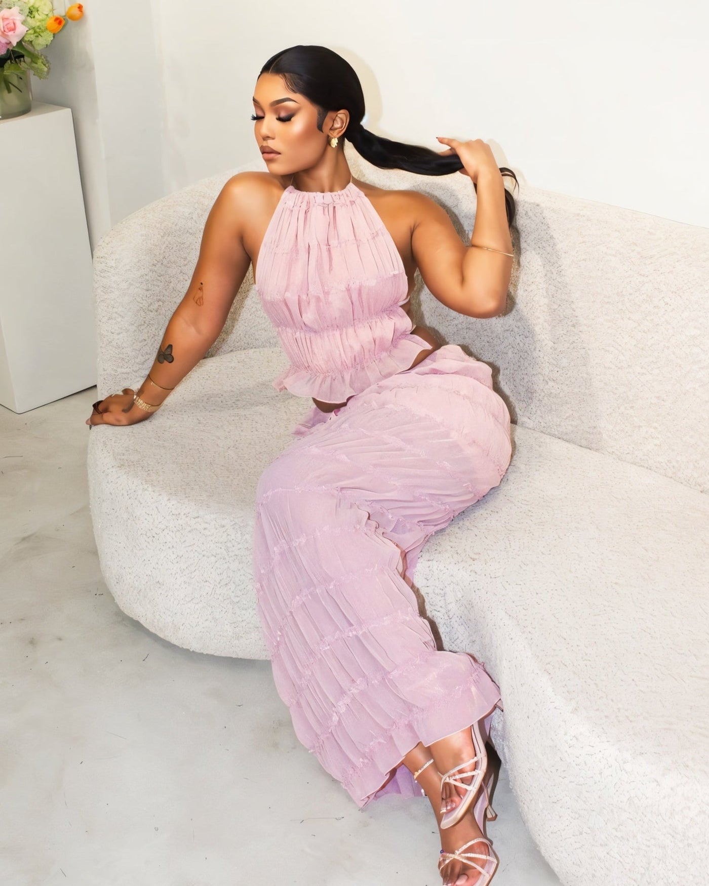 CHRISTINE Sheer Ruched Halter Top and Maxi Skirt Set