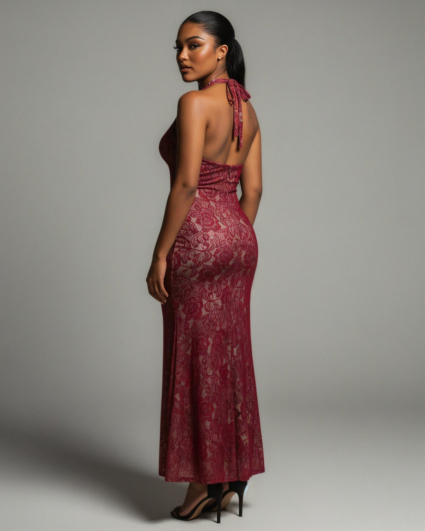 TYRAE Floral Lace Halter Maxi Dress