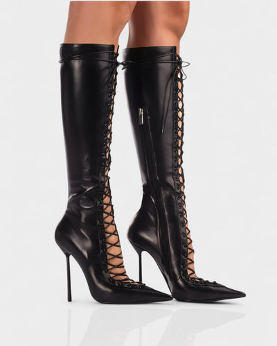 ESCAS Lace-Up Mesh Knee-High Stiletto Boots