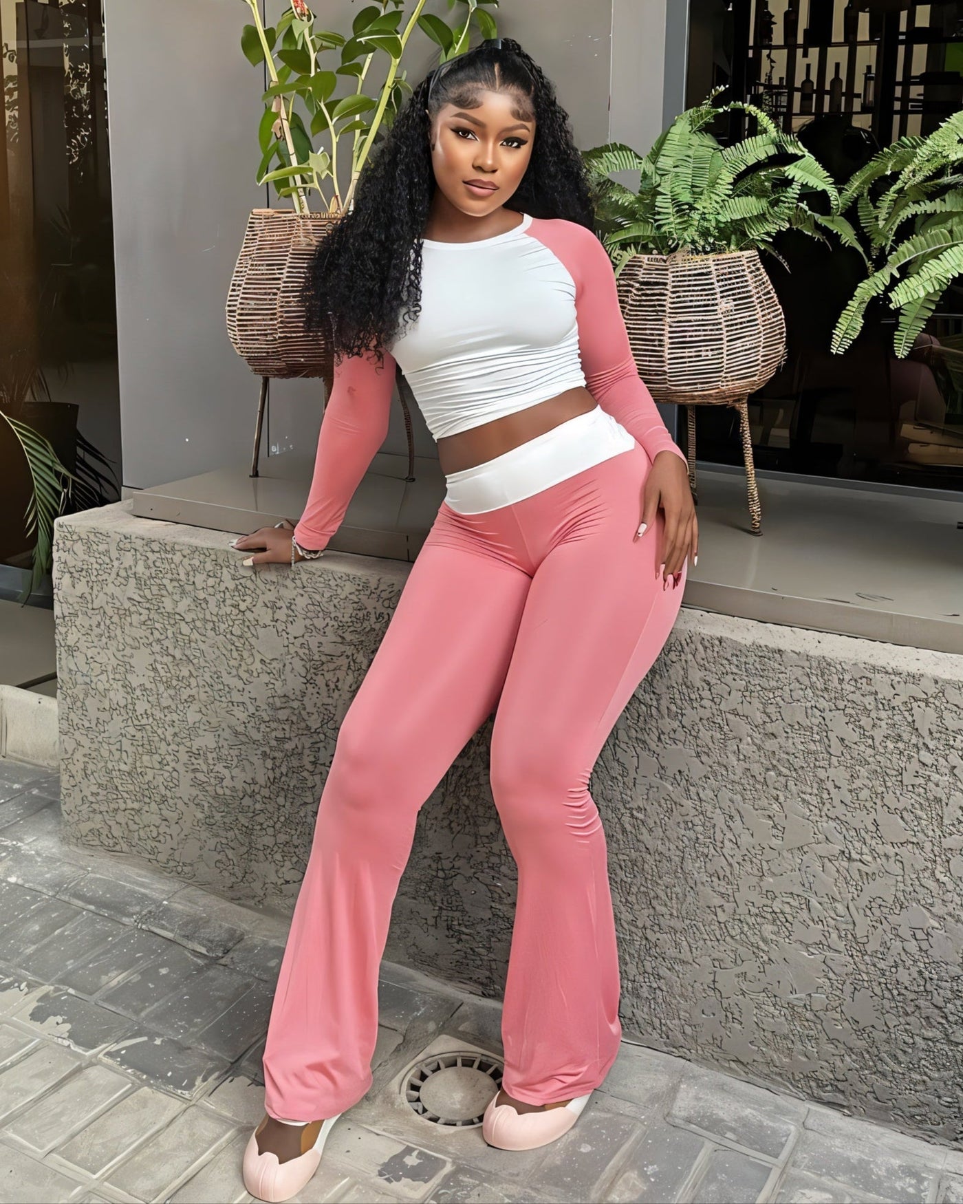 EMELIA Contrast Long Sleeve Top & Flare Pants Set