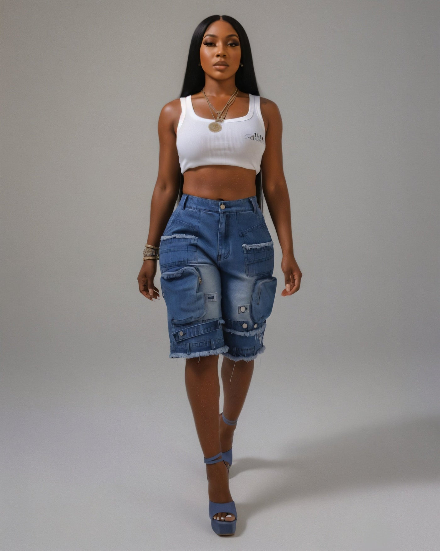 SALOME Distressed Cargo Denim Shorts