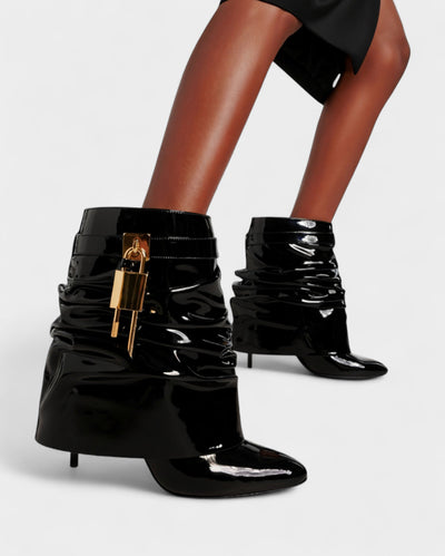 HALINA Padlock Slouch Stiletto Ankle Boots