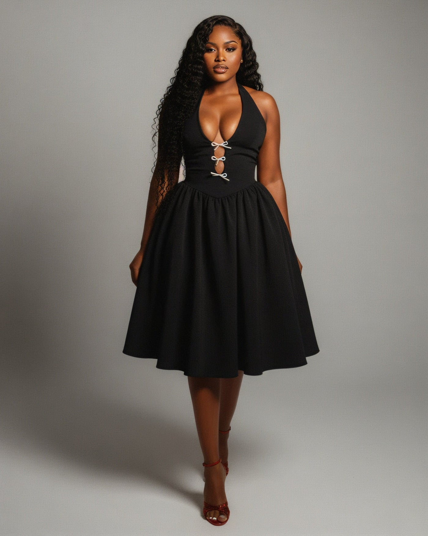 TALORA Embellished Bow Halter Midi Dress