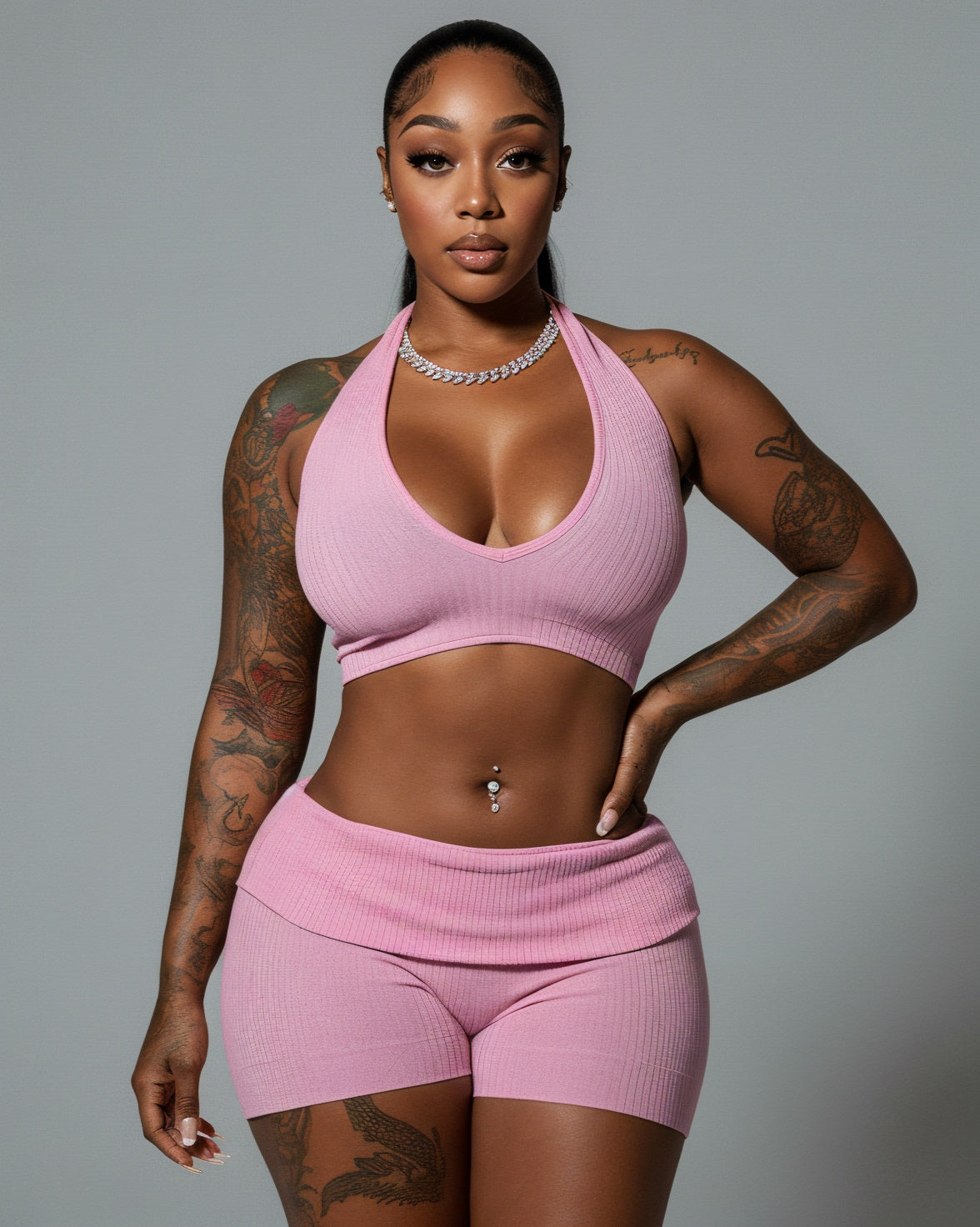 ZEIRA Ribbed Halter Crop Top & High-Waisted Shorts Set