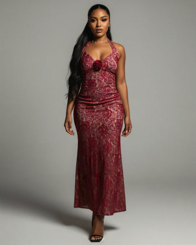 TYRAE Floral Lace Halter Maxi Dress
