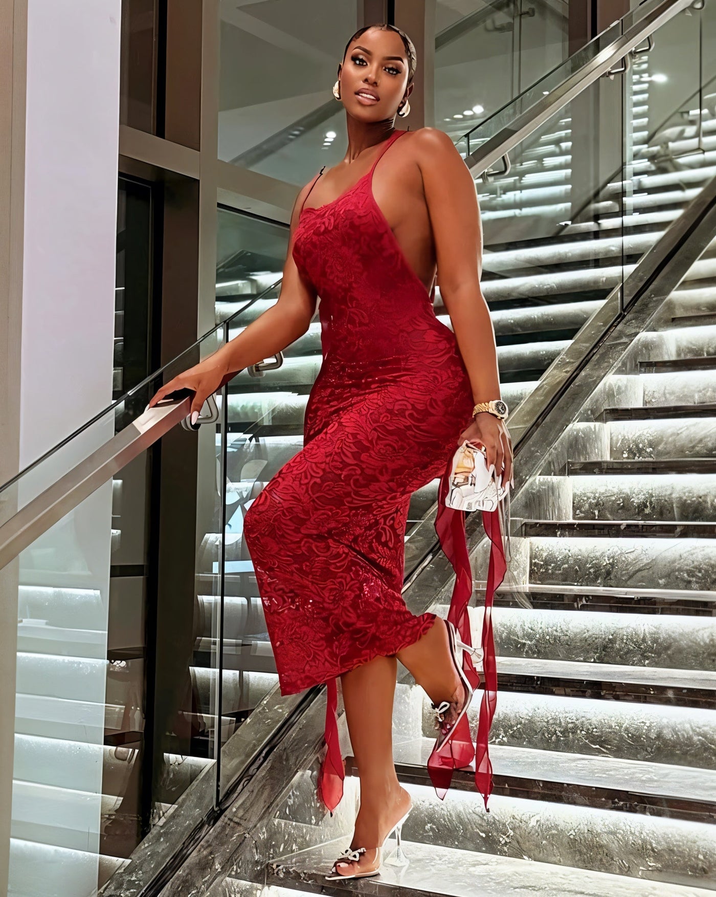 ELISA Backless Floral Lace Midi Dress