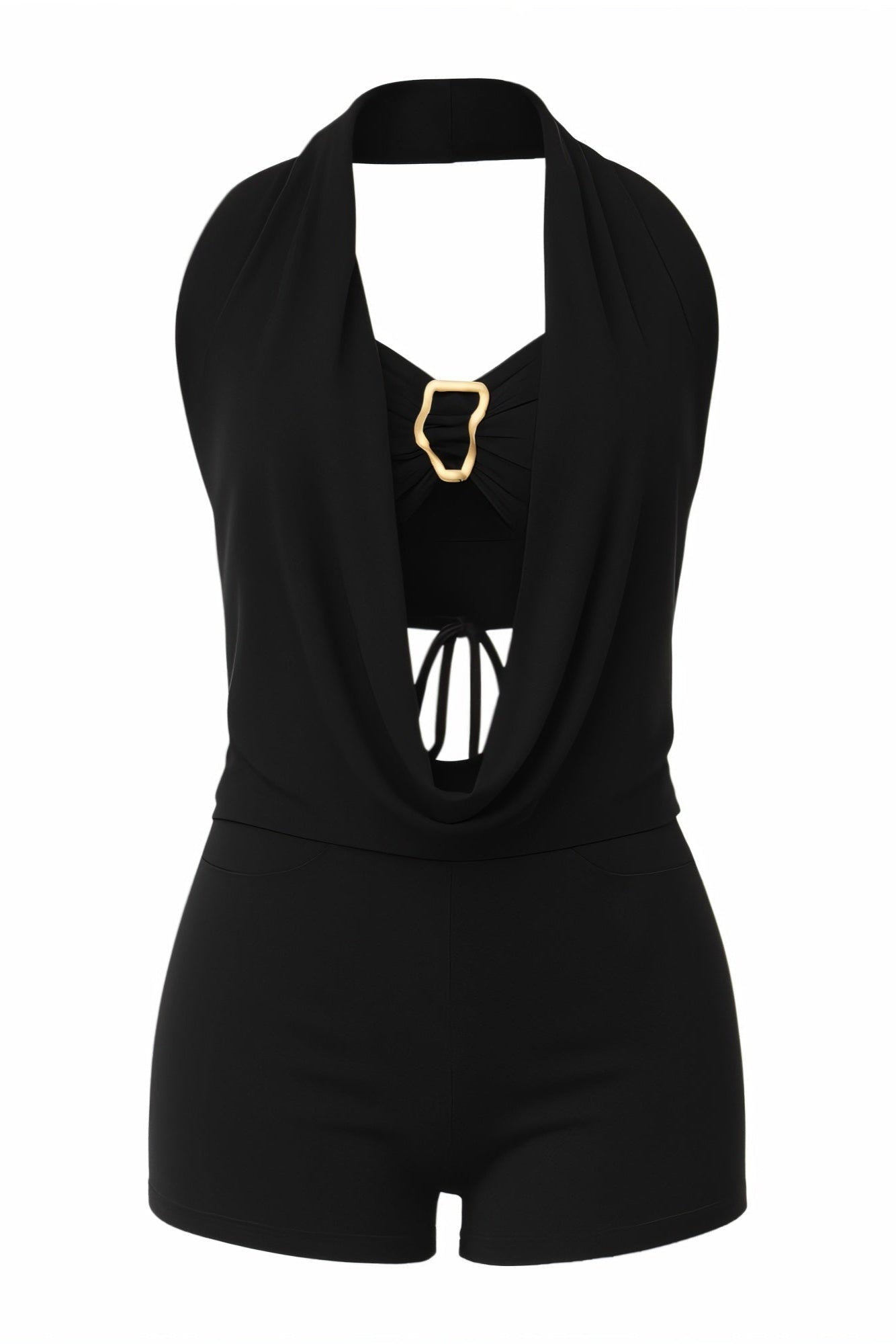 CHANE Halter Draped Romper & Buckle Bralette Set