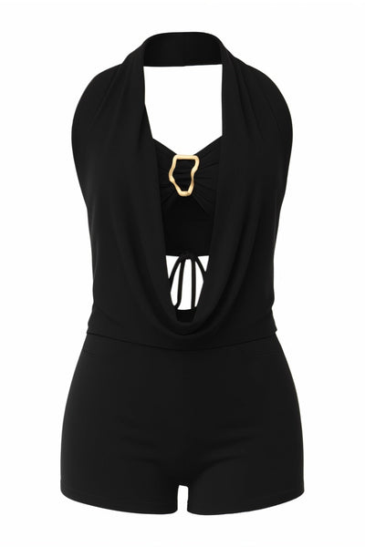 CHANE Halter Draped Romper & Buckle Bralette Set