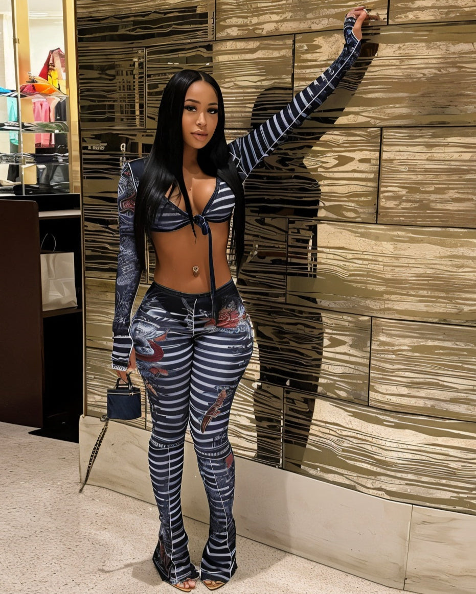 LAILA Mesh Striped Print Long Sleeve Top and Pants Set