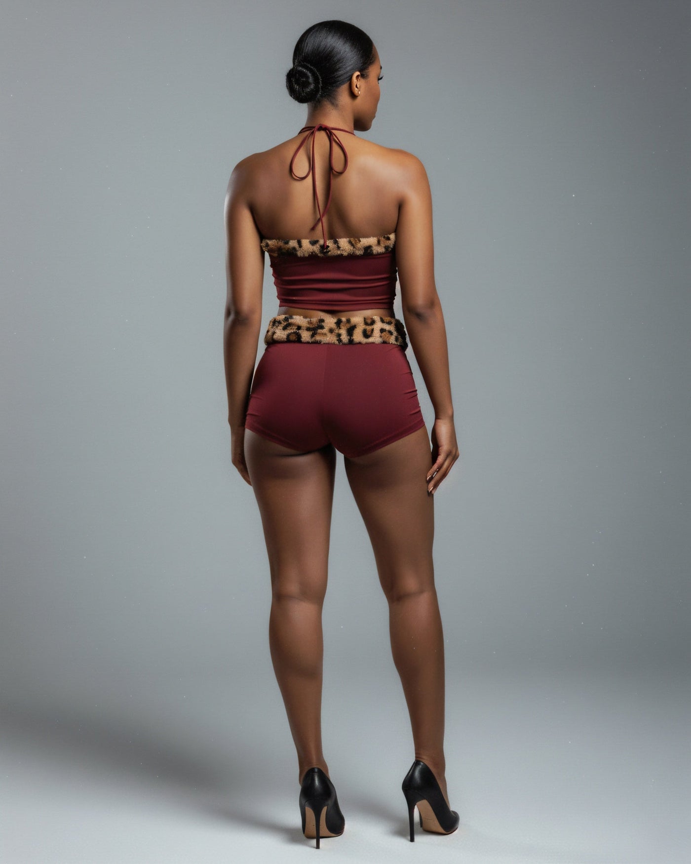 JENNY Leopard Fur Trim Top & Shorts Set