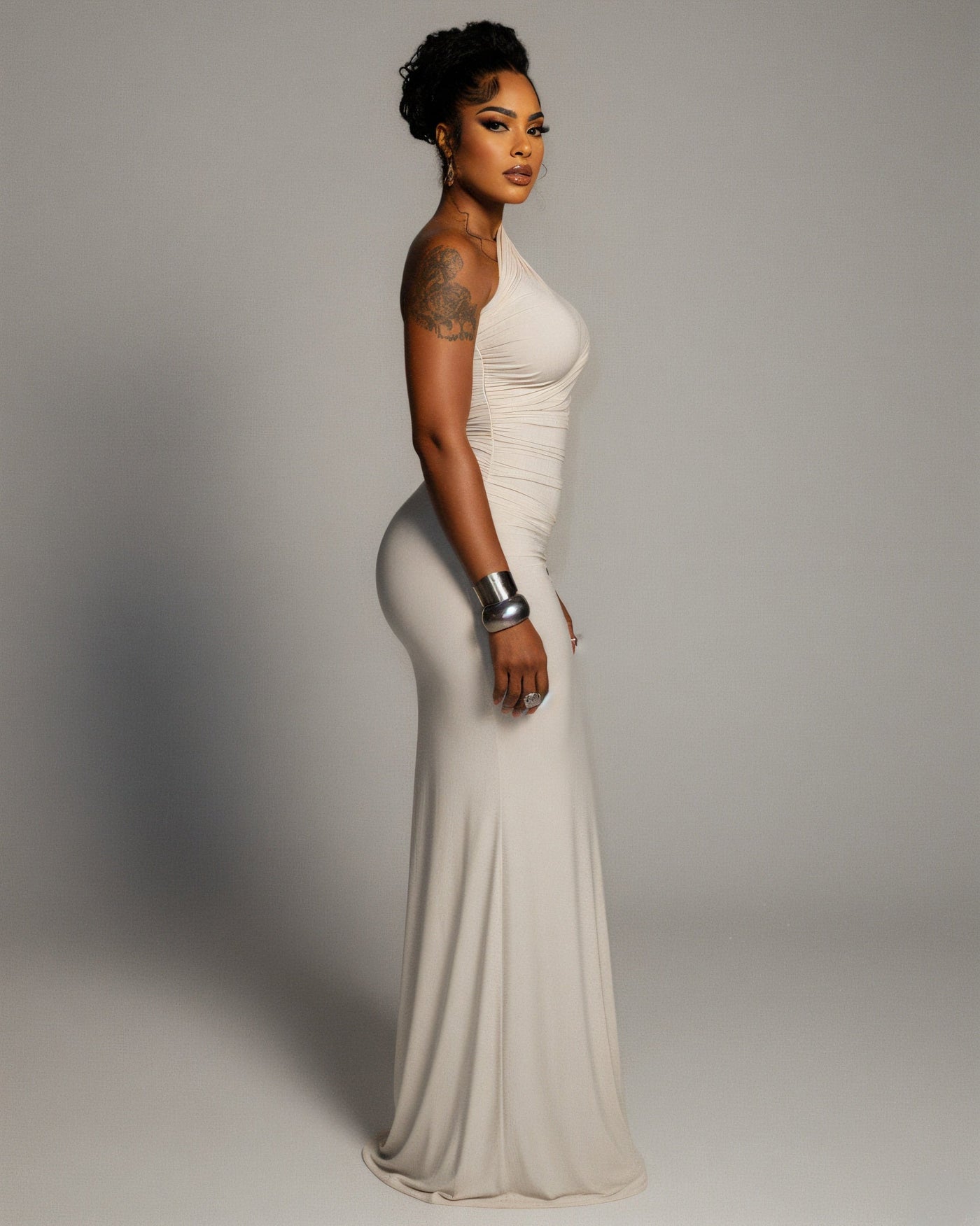 HANIMA One-Shoulder Ruched Maxi Dress