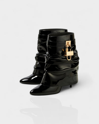 HALINA Padlock Slouch Stiletto Ankle Boots