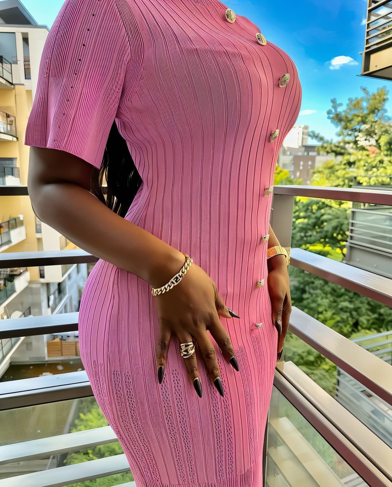 CRISSA Ribbed Button-Front Knit Midi Dress