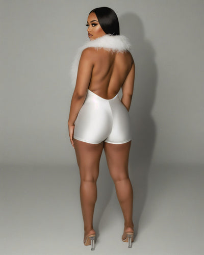 LANNY Deep V Neck Faux Feather Satin Romper