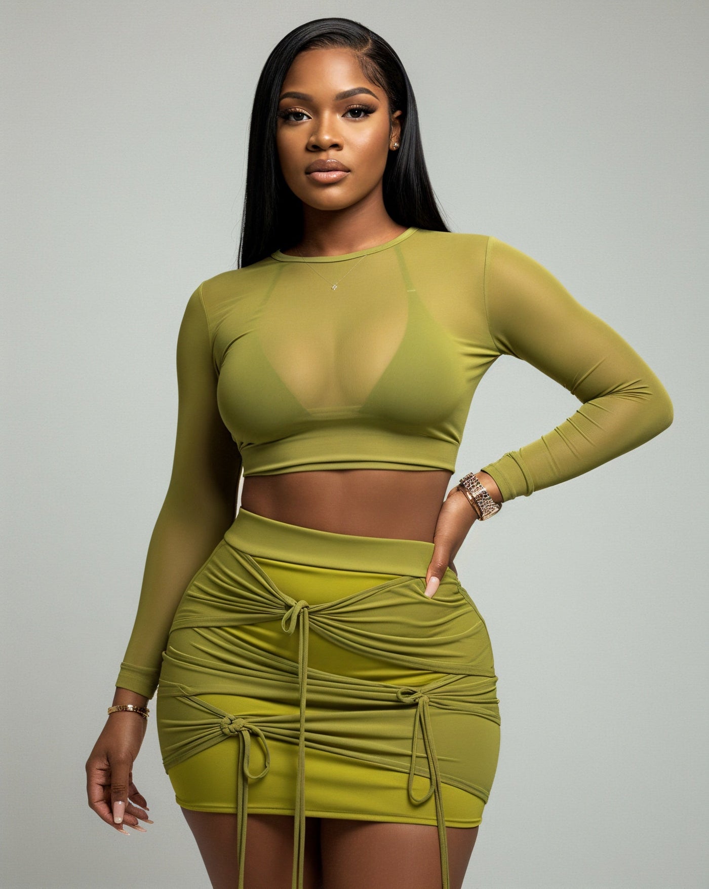 CINDRA Mesh Crop & Drawstring Skirt Set