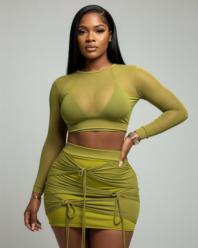 CINDRA Mesh Crop & Drawstring Skirt Set