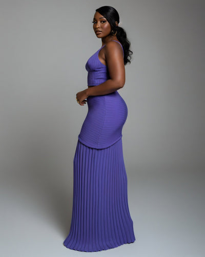 VESPERA Ribbed Knit Crop Top & Pleated Maxi Skirt Set