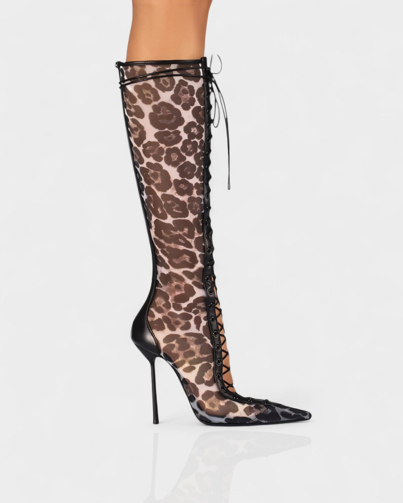 ESCAS Lace-Up Mesh Knee-High Stiletto Boots